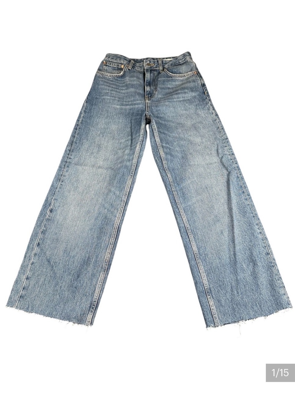 Zara Women Medium Wash High Rise Wide-Leg Raw Hem
